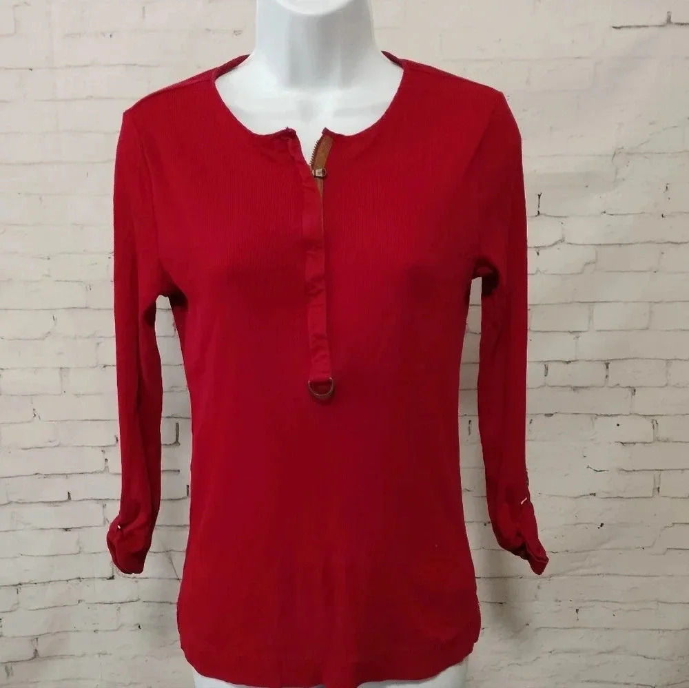 LAUREN Ralph Lauren RL Womens Size Medium Thermal Top Brick Red Cotton